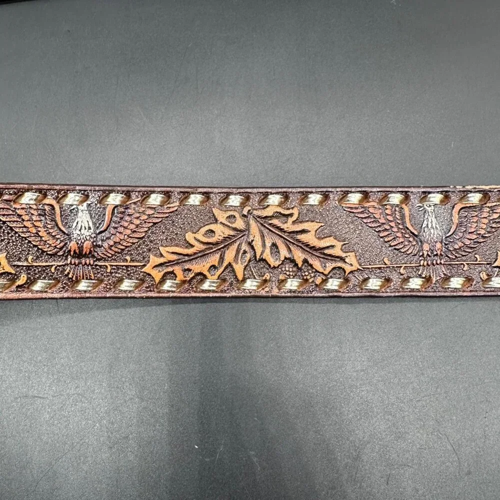 Vintage Leather Belt Eagle Leaf Western Personalized Ron Size 44 Handmade Retro - Picture 4 of 9